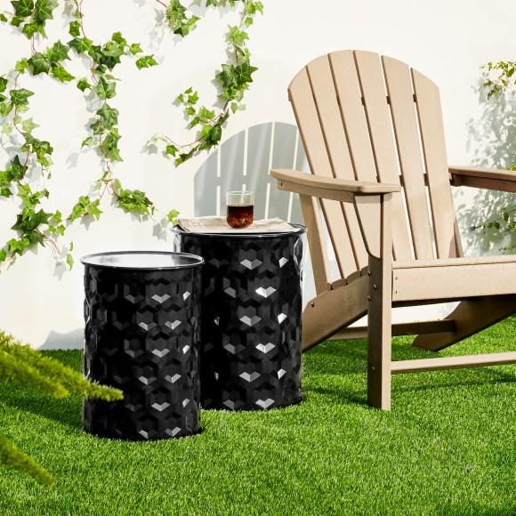 Glitzhome Glitzhome Set Of 2 Multi-Functional Embossed Honeycomb Texture Cylindrical Glossy Black Metal Garden Stool Or Planter Stand Or Accent Table Or Side Table