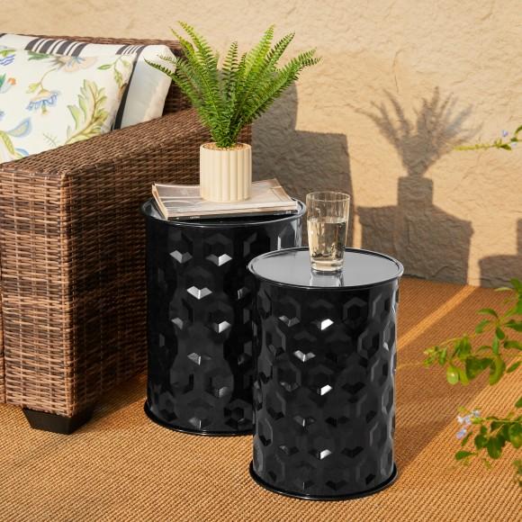 Glitzhome Glitzhome Set Of 2 Multi-Functional Embossed Honeycomb Texture Cylindrical Glossy Black Metal Garden Stool Or Planter Stand Or Accent Table Or Side Table