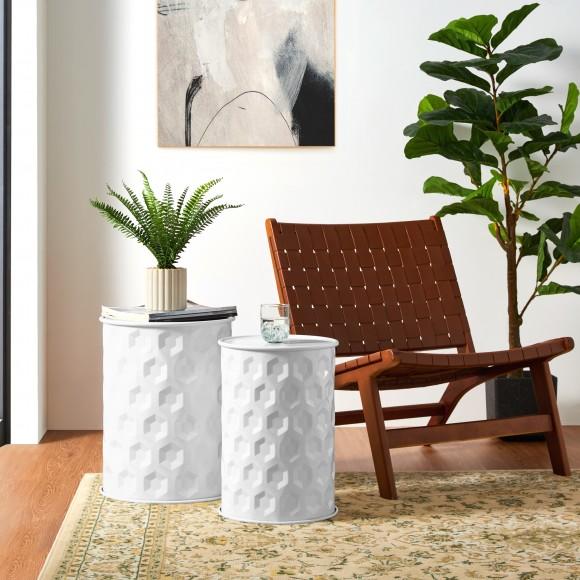 Glitzhome Glitzhome Set Of 2 Multi-Functional Embossed Honeycomb Texture Cylindrical Glossy White Metal Garden Stool Or Planter Stand Or Accent Table Or Side Table