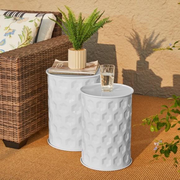 Glitzhome Glitzhome Set Of 2 Multi-Functional Embossed Honeycomb Texture Cylindrical Glossy White Metal Garden Stool Or Planter Stand Or Accent Table Or Side Table