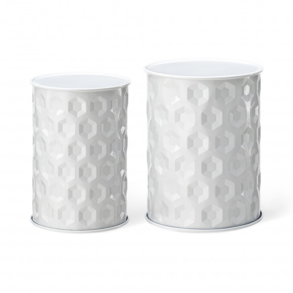 glitzhome Glitzhome Set of 2 Multi-Functional Embossed Honeycomb Texture Cylindrical Glossy White Metal Garden Stool or Planter Stand or Accent Table or Side Table