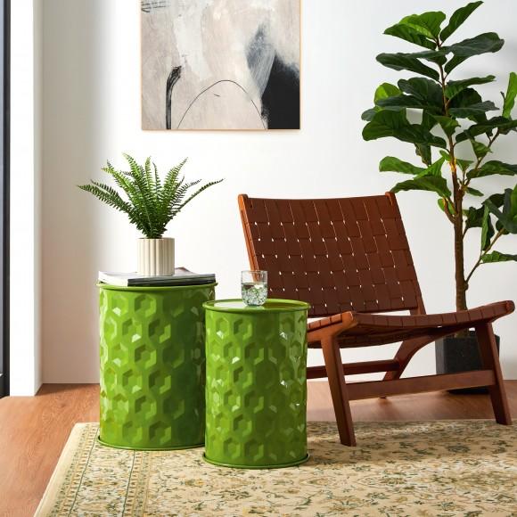Glitzhome Glitzhome Set Of 2 Multi-Functional Embossed Honeycomb Texture Cylindrical Glossy Green Metal Garden Stool Or Planter Stand Or Accent Table Or Side Table