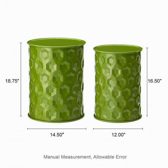 Glitzhome Glitzhome Set Of 2 Multi-Functional Embossed Honeycomb Texture Cylindrical Glossy Green Metal Garden Stool Or Planter Stand Or Accent Table Or Side Table