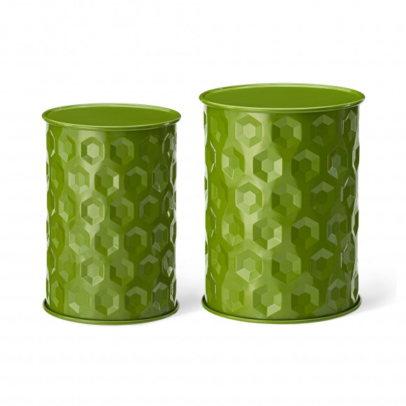 glitzhome Glitzhome Set of 2 Multi-Functional Embossed Honeycomb Texture Cylindrical Glossy Green Metal Garden Stool or Planter Stand or Accent Table or Side Table