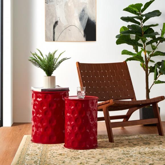 Glitzhome Glitzhome Set Of 2 Multi-Functional Embossed Honeycomb Texture Cylindrical Glossy Red Metal Garden Stool Or Planter Stand Or Accent Table Or Side Table