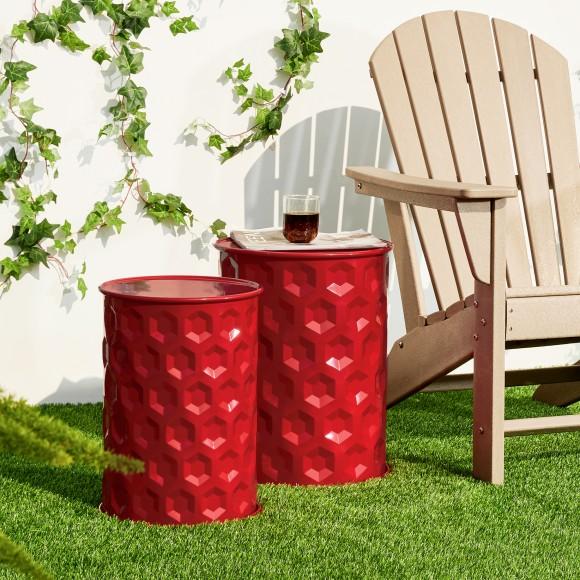 Glitzhome Glitzhome Set Of 2 Multi-Functional Embossed Honeycomb Texture Cylindrical Glossy Red Metal Garden Stool Or Planter Stand Or Accent Table Or Side Table