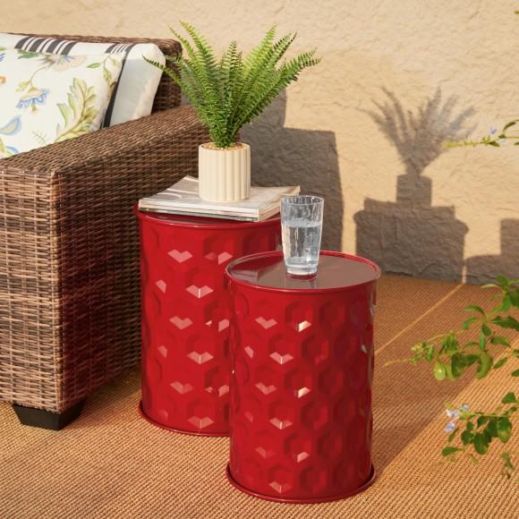 Glitzhome Glitzhome Set Of 2 Multi-Functional Embossed Honeycomb Texture Cylindrical Glossy Red Metal Garden Stool Or Planter Stand Or Accent Table Or Side Table