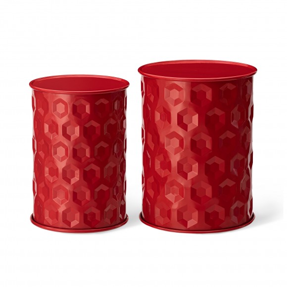 glitzhome Glitzhome Set of 2 Multi-Functional Embossed Honeycomb Texture Cylindrical Glossy Red Metal Garden Stool or Planter Stand or Accent Table or Side Table