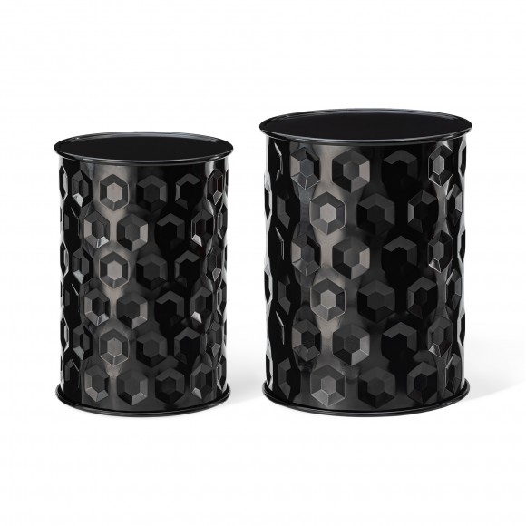 glitzhome Glitzhome Set of 2 Multi-Functional Embossed Honeycomb Texture Cylindrical Glossy Black Metal Garden Stool or Planter Stand or Accent Table or Side Table