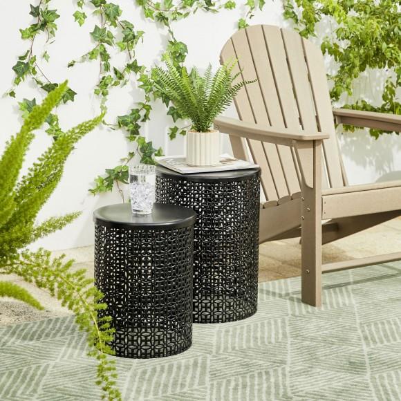 Glitzhome Glitzhome Set Of 2 Multi-functional Metal Black Garden Stool Or Planter Stand Or Accent Table Or Side Table
