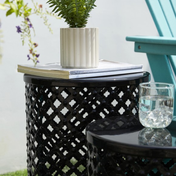 Glitzhome Glitzhome Set Of 2 Multi-functional Metal Black Garden Stool Or Planter Stand Or Accent Table Or Side Table