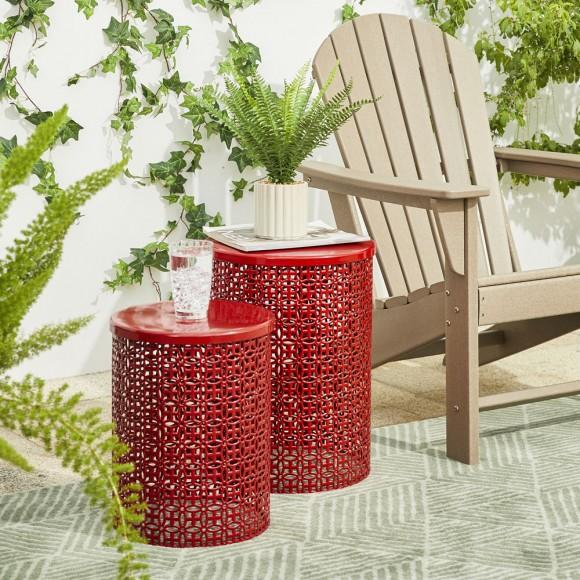 Glitzhome Glitzhome Set Of 2 Multi-functional Metal Red Garden Stool Or Planter Stand Or Accent Table Or Side Table