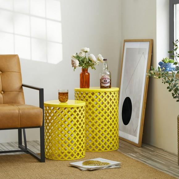 Glitzhome Glitzhome Set Of 2 Multi-functional Metal Yellow Garden Stool Or Planter Stand Or Accent Table Or Side Table