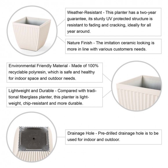 Glitzhome Glitzhome Set Of 2 Oversized Eco-Friendly PE White Faux Ceramic Square Fluted Pot Planter