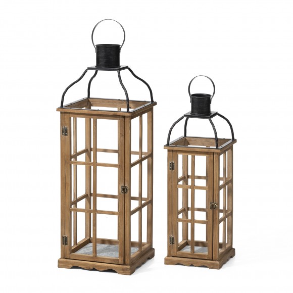 glitzhome Glitzhome Set of 2 Oversized Farmhouse Wood/Metal Natural Lanterns