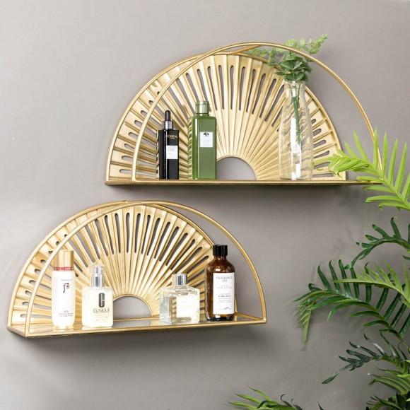 Glitzhome Glitzhome Set Of 2 Regency Modern Gold Fan Shaped Wall Shelf With Mirror Base