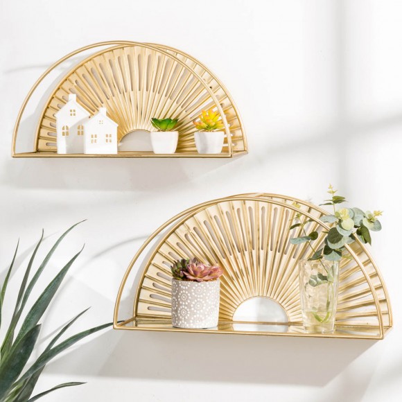 glitzhome Glitzhome Set of 2 Regency Modern Gold Fan Shaped Wall Shelf With Mirror Base