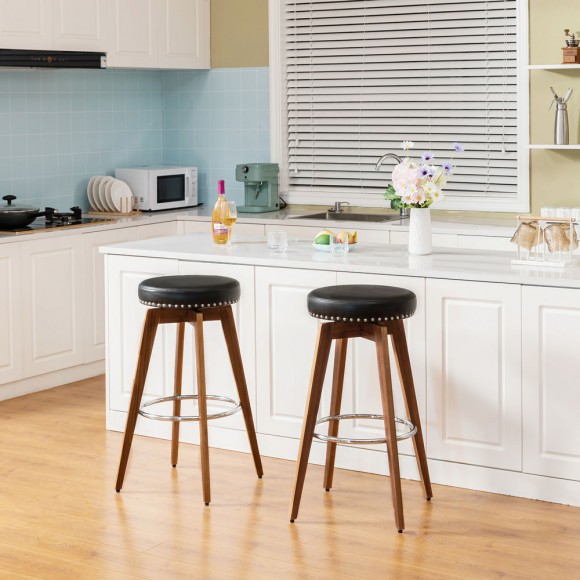 Glitzhome Glitzhome Set Of 2 Round Swivel Bar Stool With Balck Leatherette Seat And Composite Wood Legs