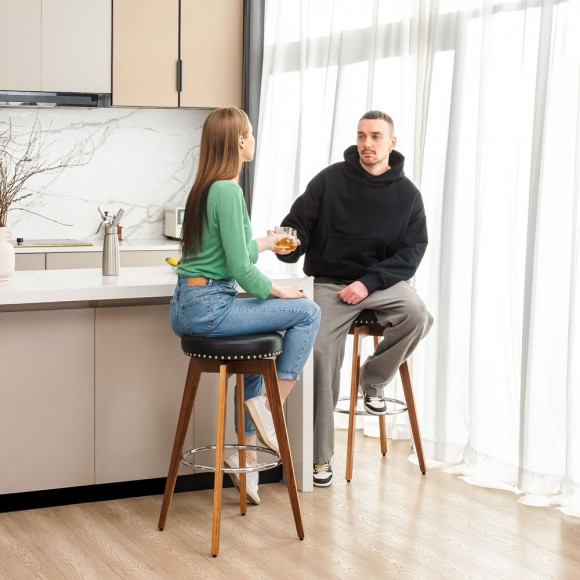 Glitzhome Glitzhome Set Of 2 Round Swivel Bar Stool With Balck Leatherette Seat And Composite Wood Legs