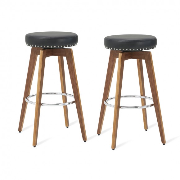 glitzhome Glitzhome Set of 2 Round Swivel Bar Stool with Balck Leatherette Seat and Composite Wood Legs