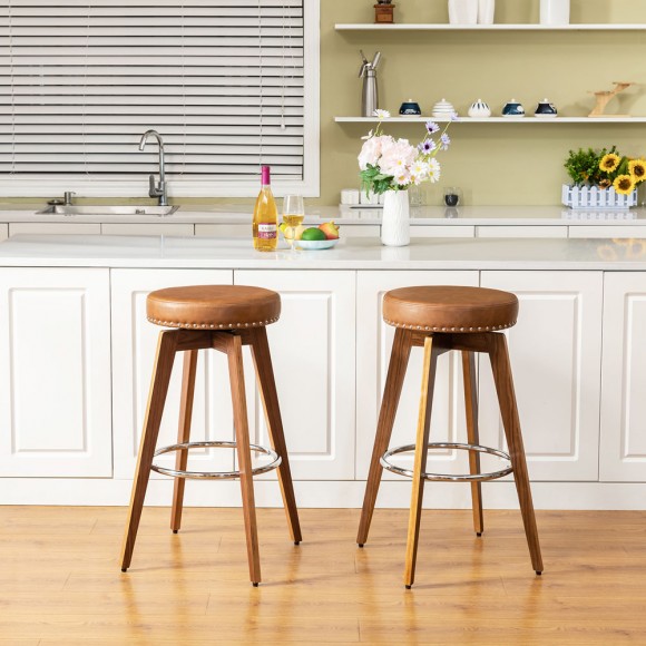 Glitzhome Glitzhome Set Of 2 Round Swivel Bar Stool With Brown Leatherette Seat And Composite Wood Legs