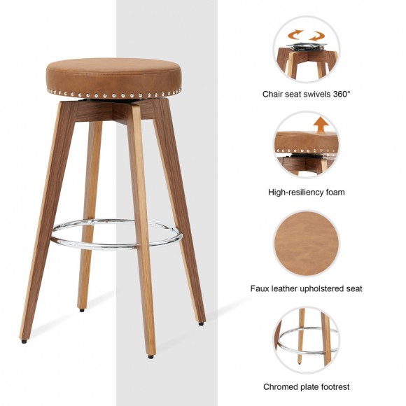 Glitzhome Glitzhome Set Of 2 Round Swivel Bar Stool With Brown Leatherette Seat And Composite Wood Legs