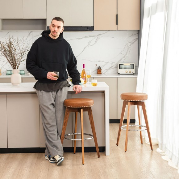 Glitzhome Glitzhome Set Of 2 Round Swivel Bar Stool With Brown Leatherette Seat And Composite Wood Legs