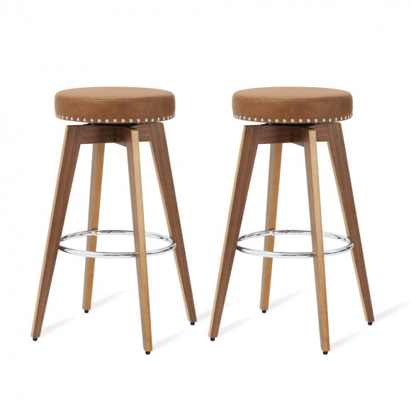 glitzhome Glitzhome Set of 2 Round Swivel Bar Stool with Brown Leatherette Seat and Composite Wood Legs