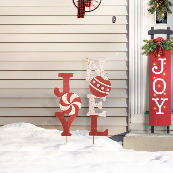 Glitzhome Glitzhome Set Of 2 Rusty Metal JOY & NOEL Yard Stake Or Wall Decor (KD Two Function)