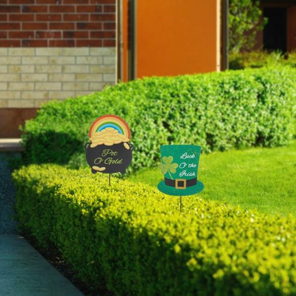 Glitzhome Glitzhome Set Of 2 St. Patrick's Pot Of Gold & Leprechaun Hat Metal Yard Stake(KD Two Function)