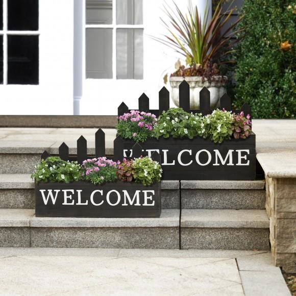 Glitzhome Glitzhome Set Of 2 Washed Black Solid Wood WELCOME Fence-Inspired Planter Stands
