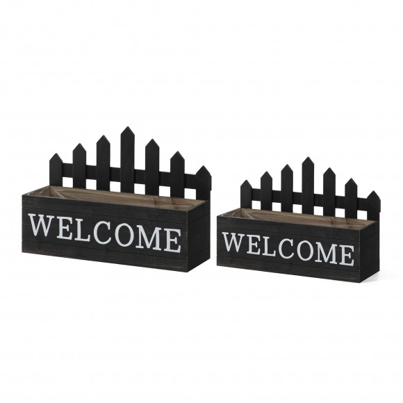 glitzhome Glitzhome Set of 2 Washed Black Solid Wood WELCOME Fence-Inspired Planter Stands