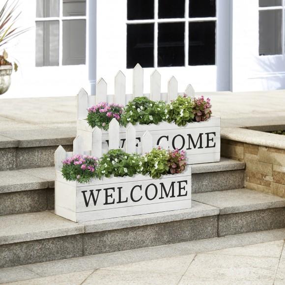 Glitzhome Glitzhome Set Of 2 Washed White Solid Wood WELCOME Fence-Inspired Planter Stands