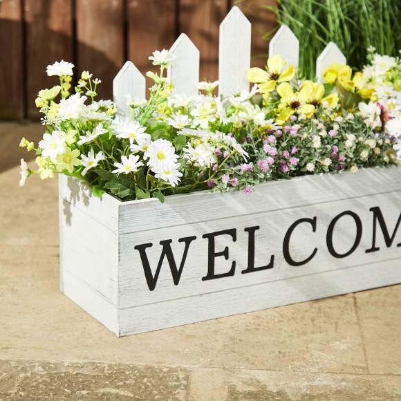 Glitzhome Glitzhome Set Of 2 Washed White Solid Wood WELCOME Fence-Inspired Planter Stands