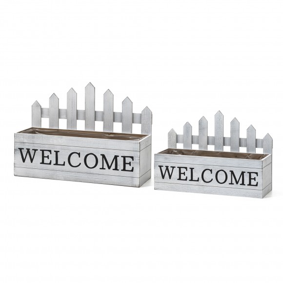 glitzhome Glitzhome Set of 2 Washed White Solid Wood WELCOME Fence-Inspired Planter Stands