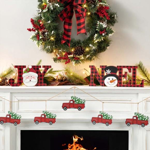 Glitzhome Glitzhome Set Of 2 Wooden Christmas Plaid "JOY "& "NOEL" Table Decor