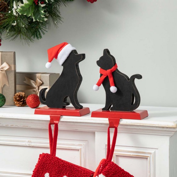 Glitzhome Glitzhome Set Of 2 Wooden/Metal Cat & Dog Christmas Stocking Holder