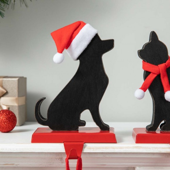 Glitzhome Glitzhome Set Of 2 Wooden/Metal Cat & Dog Christmas Stocking Holder