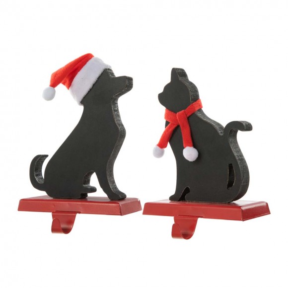 glitzhome Glitzhome Set of 2 Wooden/Metal Cat & Dog Christmas Stocking Holder