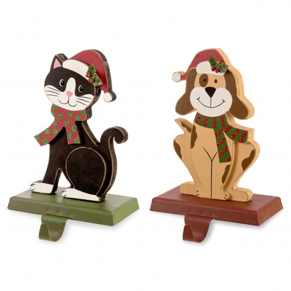 glitzhome Glitzhome Set of 2 Wooden/Metal Cat & Dog Stocking Holder