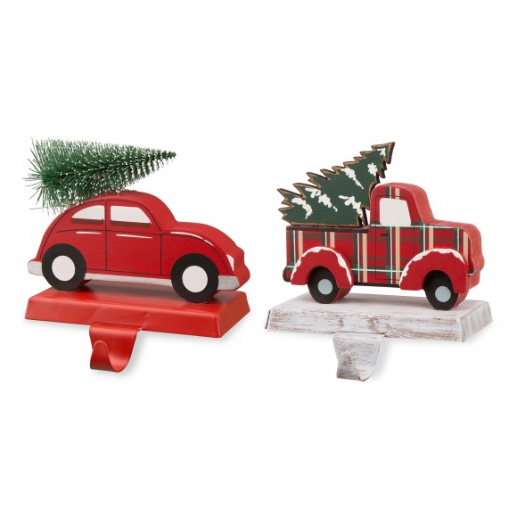 glitzhome Glitzhome Set of 2 Wooden/Metal Red Car & Truck Stocking Holder