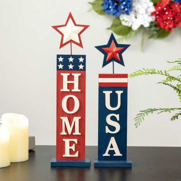 Glitzhome Glitzhome Set Of 2 Wooden Patriotic/Americana Firecracker Table Sign