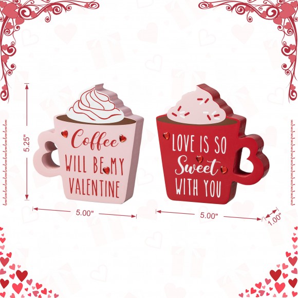Glitzhome Glitzhome Set Of 2 Wooden Valentine's Coffee Cup Table Decor