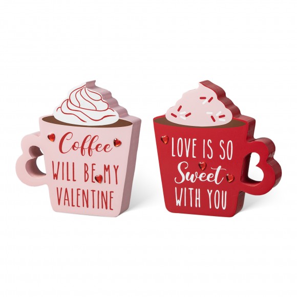 glitzhome Glitzhome Set of 2 Wooden Valentine's Coffee Cup Table Decor