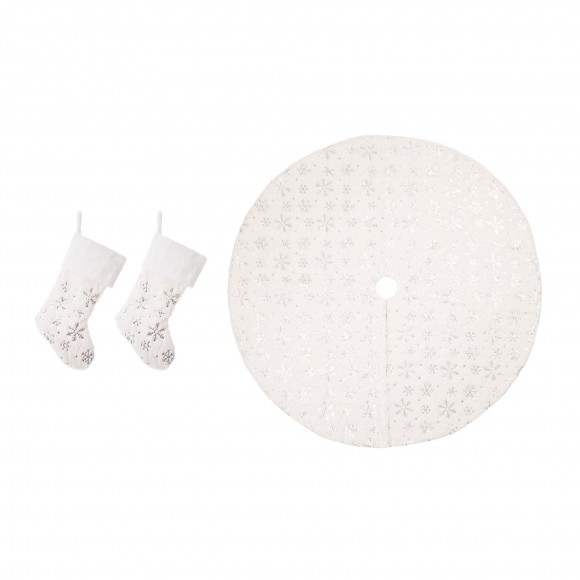 glitzhome Glitzhome Set of 3 2 White Plush with Snowflake Christmas Stockings & a tree skirt