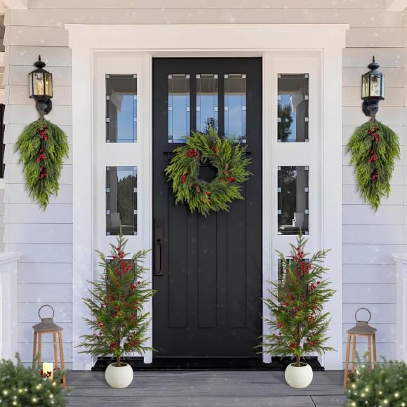 Glitzhome Glitzhome Set Of 3 37.5"H Christmas Greenery PE Dripping Pine Porch Tree Set And Matched 24"D Wreath