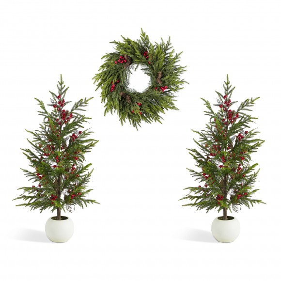 glitzhome Glitzhome Set of 3 37.5"H Christmas Greenery PE Dripping Pine Porch Tree Set and matched 24"D Wreath