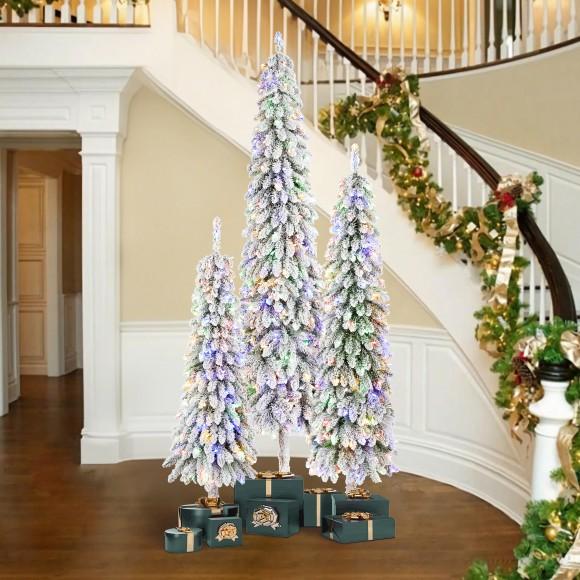 Glitzhome Glitzhome Set Of 3 4.5ft/6ft/7.5ft Pre-Lit Flocked Artificial Christmas Tree With 100/150/250 Warm White C3 Clear LED Lights 9 Function W/Foot Pedal