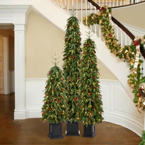 Glitzhome Glitzhome Set Of 3 4ft/6ft/7ft Pre-lit Green Artificial Christmas Porch Tree With Red Berries Pinecones And 250 Warm White Lights 3 Function W/Foot Pedal