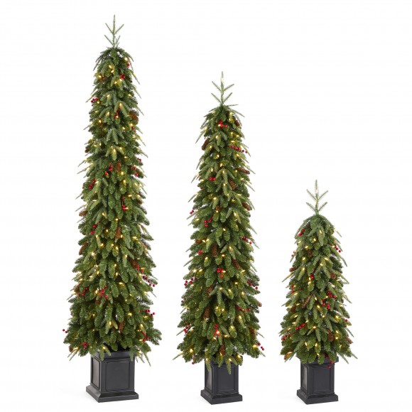 glitzhome Glitzhome Set of 3 4ft/6ft/7ft Pre-lit Green Artificial Christmas Porch Tree with red berries pinecones and 250 warm white lights 3 function w/Foot Pedal